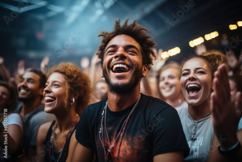 A group of fans at a pop music festival, enjoying the unity and euphoria of live music events. Generative Ai.
