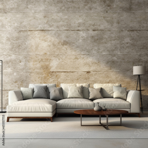Terra cotta velvet sofa and wooden coffee table near blocks paneling wall. Loft style home interior design of modern living room. Generative AI 