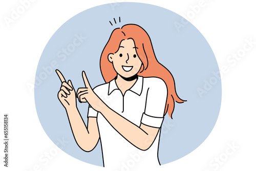 Smiling young woman point up at good deal or offer. Happy girl show with fingers up recommend good sale or discount. Copy space. Vector illustration.