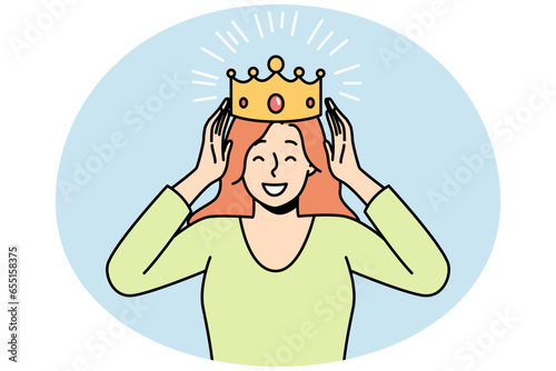 Smiling young woman with crown on head celebrate success. Happy confident female crowned for good results or achievements. Vector illustration.