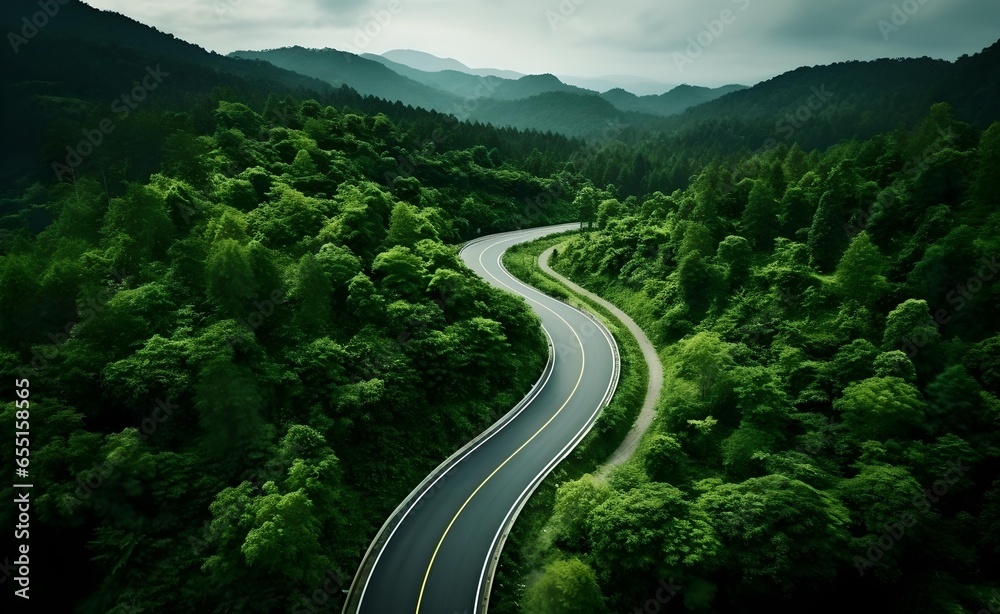Aerial view of a road in the middle of the green forest , road curve up to mountain. Aerial view of a road in the middle of the green forest , road curve up to mountain.