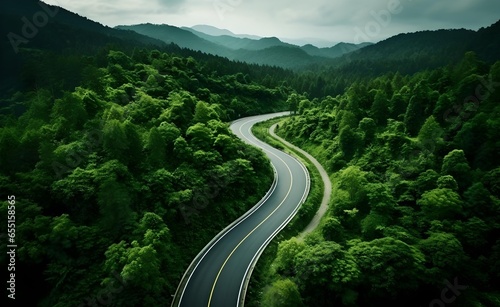 Aerial view of a road in the middle of the green forest , road curve up to mountain. 
