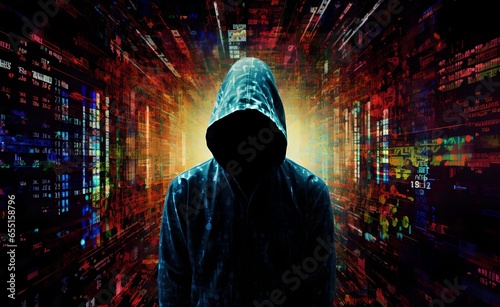 Hooded hacker digital glitch matrix over matrix colorful background.
