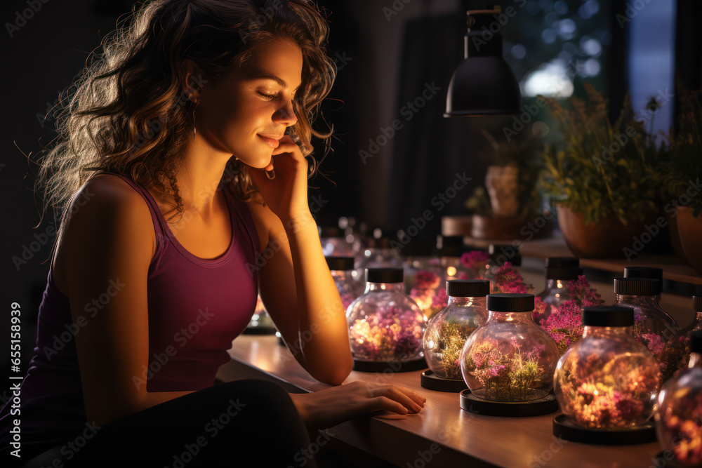 A person engaged in aromatherapy, inhaling the soothing scents of essential oils for emotional and physical well-being. Generative Ai. - obrazy, fototapety, plakaty 