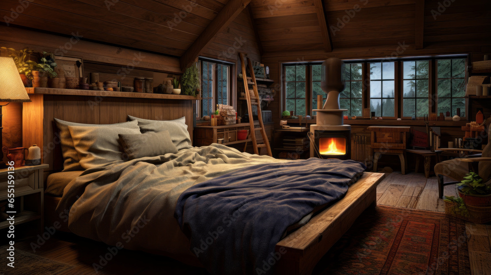 A cozy cabin bedroom with a log bed frame, plaid bedding, and a wood-burning stove A cozy cabin bedroom with a log bed frame, plaid bedding, and a wood-burning stove