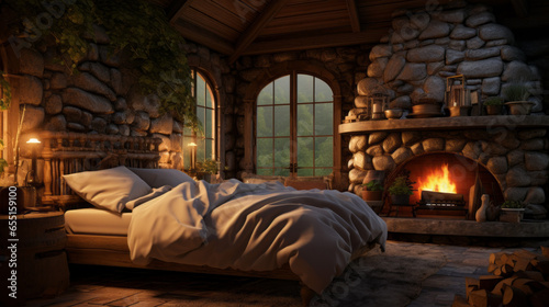 A cozy cabin bedroom with a log bed frame, plaid bedding, and a wood-burning stove