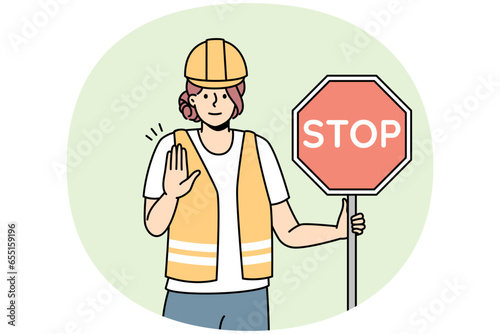 Young woman in uniform holding stop road sign in hands. Female worker in helmet stand on road show stop hand gesture. Vector illustration.