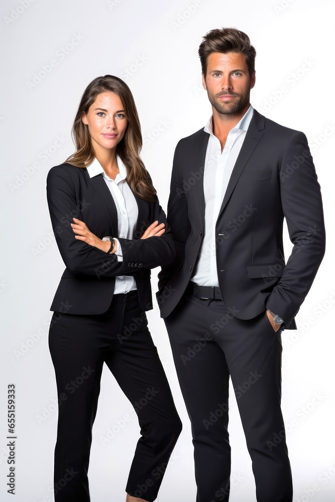Successful young business partners in formal clothes posing and looking at camera Successful young business partners in formal clothes posing and looking at camera