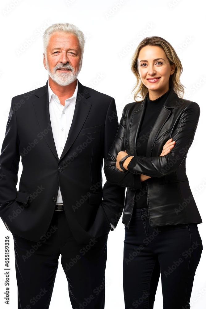 Successful young business partners in formal clothes posing and looking at camera Successful young business partners in formal clothes posing and looking at camera