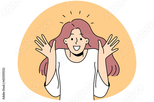 Overjoyed young woman feel astonished and surprised. Smiling girl feeling shocked and stunned with emotions. Vector illustration.