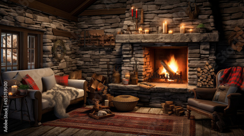 A cozy cabin living room with a stone fireplace, log walls, and cozy plaid blankets