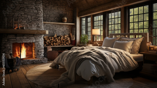 A cozy cabin bedroom with log walls, a log bed frame, and a stone fireplace