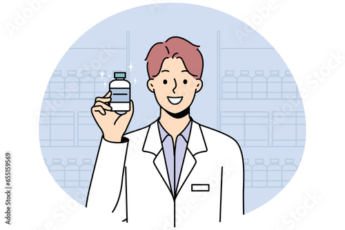 Smiling male pharmacist in medical uniform hold bottle in hands. Happy man specialist or professional recommend medication or drug. Healthcare and medicine. Vector illustration.