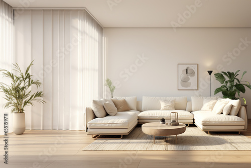 Front view on a living room with big white lounge sofa