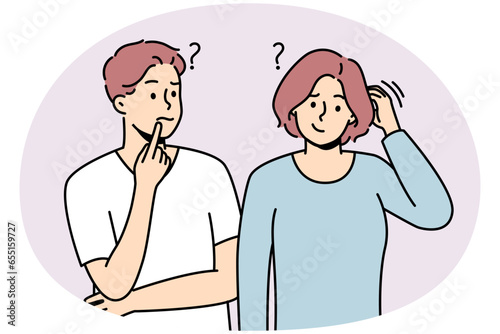 Confused man and woman thinking solving problem together. Frustrated couple feel unsure or doubtful look for solution or decision. Vector illustration.