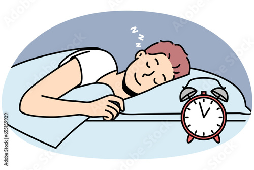 Happy guy lying in bed sleeping peacefully. Smiling calm young man relax nap in bedroom. Relaxation and daydreaming. Vector illustration.