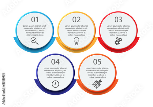 Business Infographic Design Template. minimal Timeline design with 5 steps, options and marketing icons. Vector linear infographic with five circle connected elements. Can be used for your presentatio
