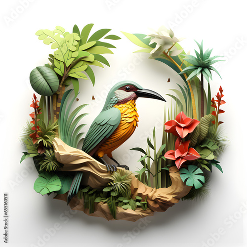 Colorful bird with tropical plants isolated on white
