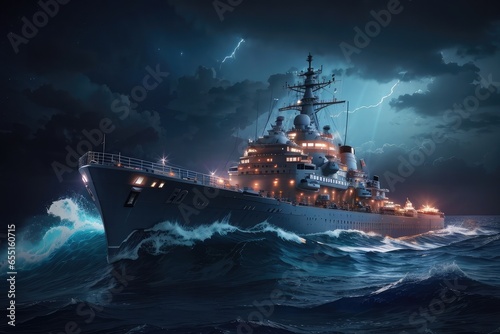 Battleship at night into a storm in the ocean background photo