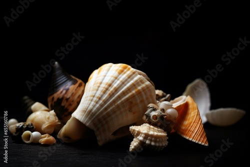 A close-up of a seashell on a table with other seashells and a black background. Generative AI