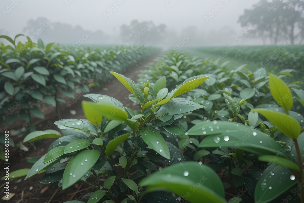 Obraz premium Morning in the green tea plantation field foggy water drops on the plant
