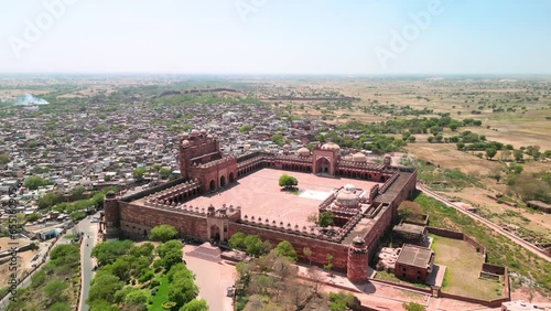 Fatehpur Sikri, India: Aerial view of Buland Darwaza (Victory Gate) and Jama Masjid mosque in historic town in Uttar Pradesh - landscape panorama of South Asia from above photo
