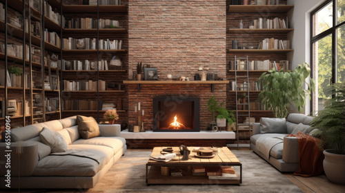 A cozy living room with a sectional sofa, a built-in window seat with storage, a brick fireplace with a wooden mantle, and shelves filled with board games