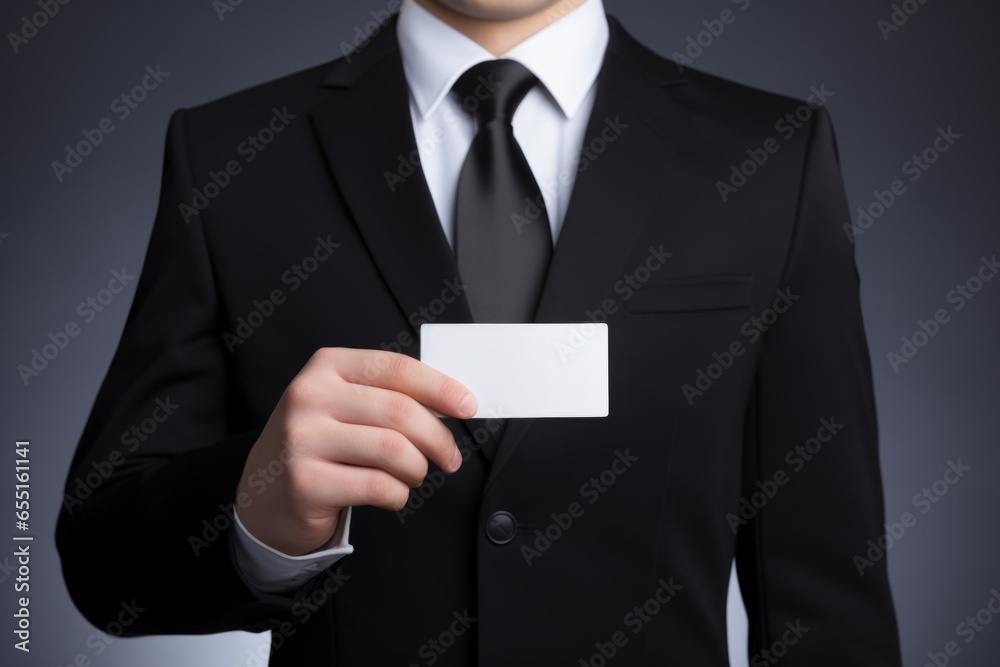 Close up male hand unrecognizable man businessman in formal suit employer unknown entrepreneur lawyer arm holding empty blank white business card at city cityscape background evening night mock up