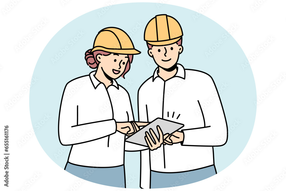 Smiling engineers in helmets working together at building site. Happy architects team brainstorm cooperate at construction place. Vector illustration.