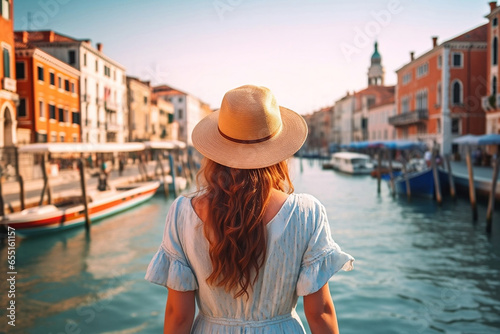 Back view of a girl wearing hat travelling in Venice, Italy. Generative AI © Royalty-Free
