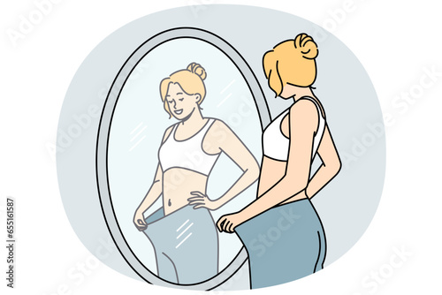 Happy young woman look in mirror see loose big trousers lose weight with sport and diet. Smiling satisfied girl weightloss journey. Vector illustration.