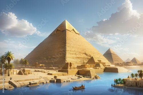 ancient civilized Egypt with the pyramid of Giza and nile flowing Nile riverfront around it photo