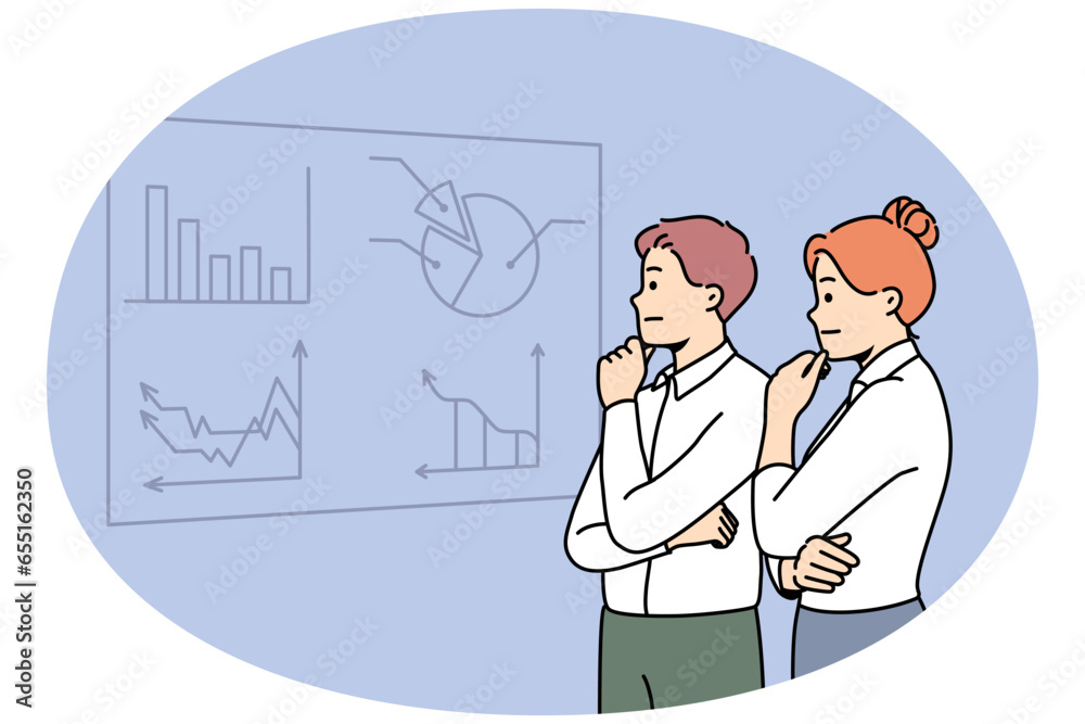 Pensive businesspeople look at board brainstorming on financial ideas. Thoughtful employees cooperate together engaged in team thinking. Teamwork. Vector illustration. Pensive businesspeople look at board brainstorming on financial ideas. Thoughtful employees cooperate together engaged in team thinking. Teamwork. Vector illustration.