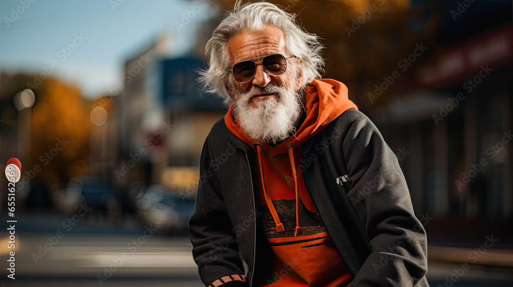 stylish and active grandfather, showcasing his personality and love for skateboarding style