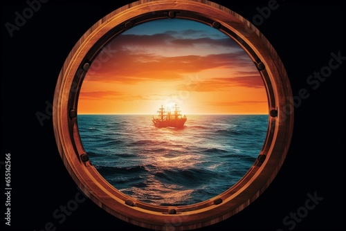 Illustration of a ship's porthole or window overlooking the sea and horizon. Generative AI