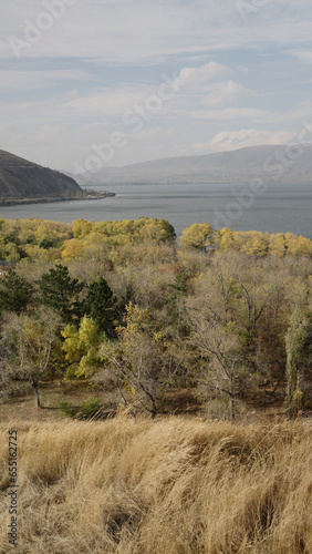 Sevan lake in October on a hazy day photo