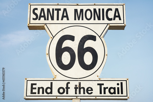 Route 66 sign, End of the Trail in Santa Monica, Los Angeles, USA. 