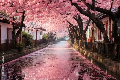 a street adorned with blossoms. Generative AI