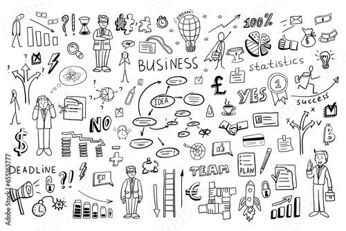 Big set of  business elements in doodle style.
Vector illustration of happy business people, success, start-up and sad business people going through an economic crisis, financial difficulties. 