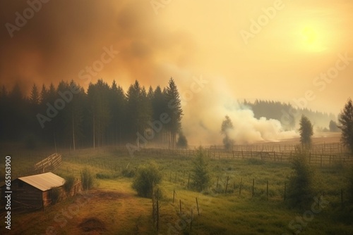 Smoky evening countryside forest under cloudy sky. Generative AI