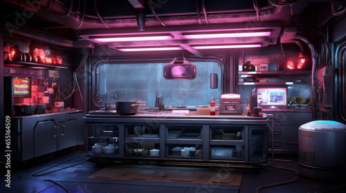 A cyberpunk kitchen with neon-lit countertops, holographic ingredient displays