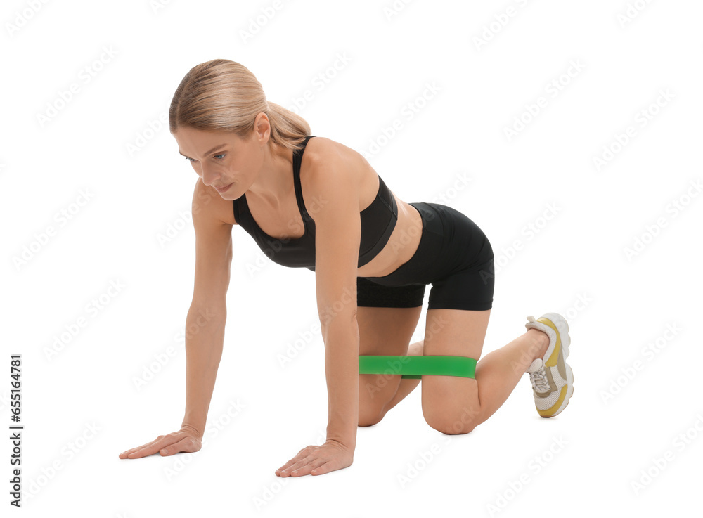 Woman exercising with elastic resistance band on white background Woman exercising with elastic resistance band on white background
