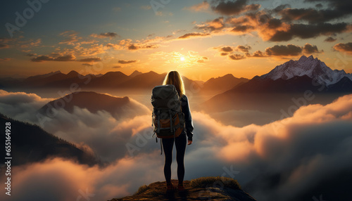 Tourist woman hiker standing on top of the mountains  Above the clouds  believe how beautiful this is