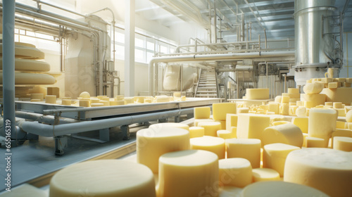 A dairy processing plant's cheese production line, shaping and aging delicious cheeses photo