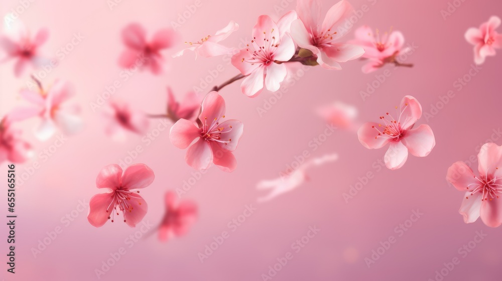 Fresh pink flowers falling in the air on pink background, levitation, spring flowers conception - generative AI