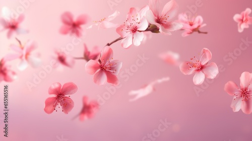 Fresh pink flowers falling in the air on pink background  levitation  spring flowers conception - generative AI