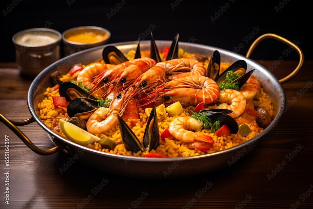 A close-up of traditional Spanish paella with rice and seafood in a circular pan. Generative AI