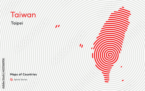Creative map of Taiwan. Political map. Taipei. Capital. World Countries vector maps series. Spiral  fingerprint series black	
