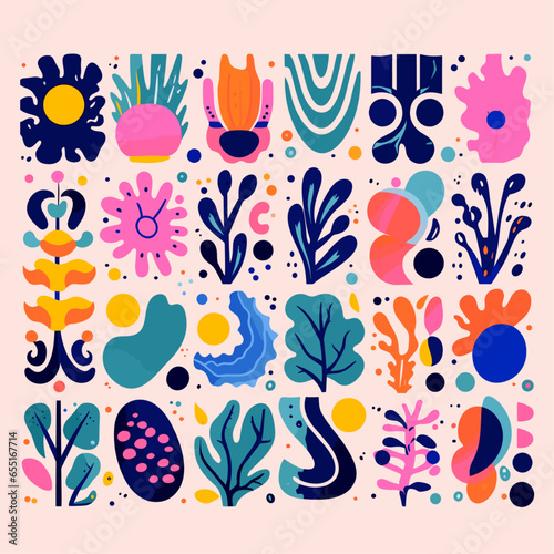 Trendy abstract botanical tile matisse style inspiration. Flat doodle naive art print, contemporary organic decorative shapes. Decent minimal vector set