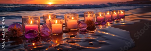 Generative AI image of a melting candles in beach side with sunset in sands